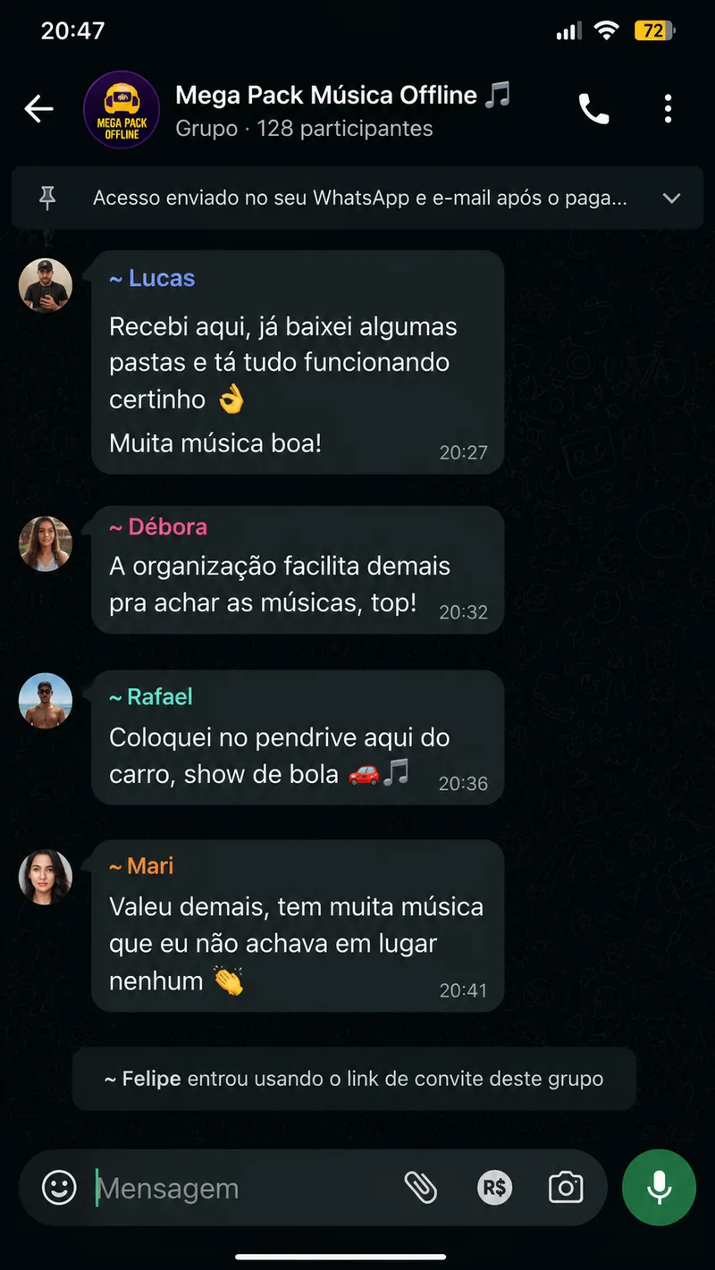 Print de conversa de grupo do WhatsApp com clientes elogiando o pack de músicas